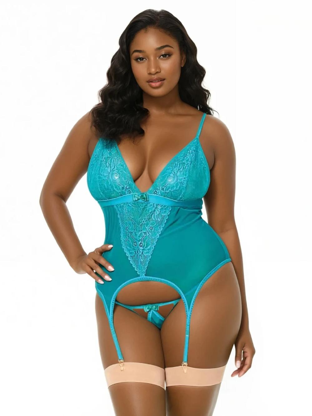 leg avenue Plus Come Play Cami Garter Set Turquoise