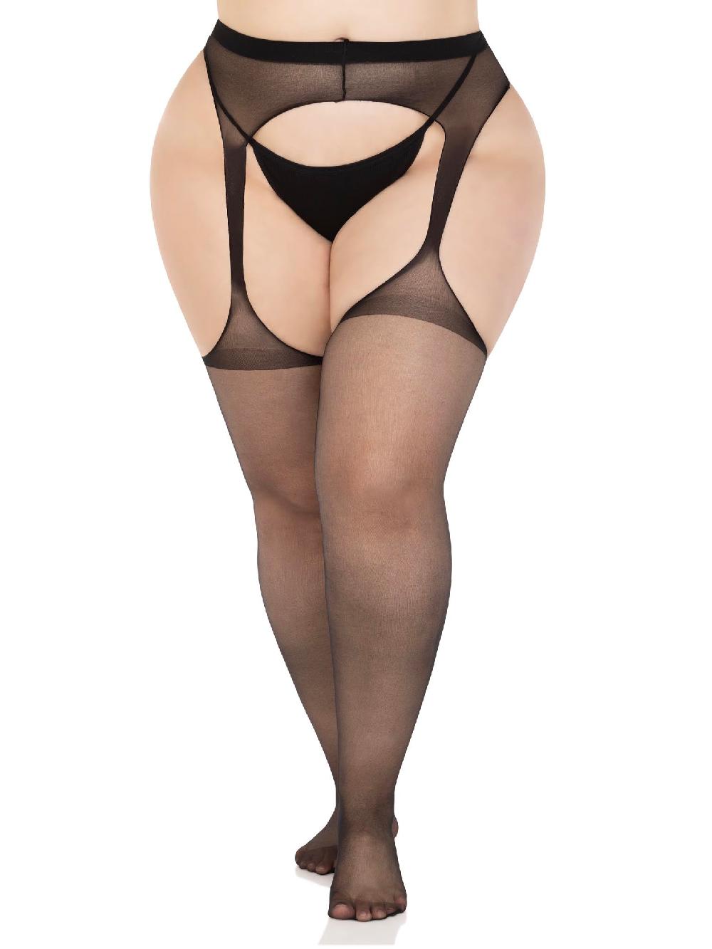 Leg Avenue Plus Eden Sheer Suspender Pantyhose Black