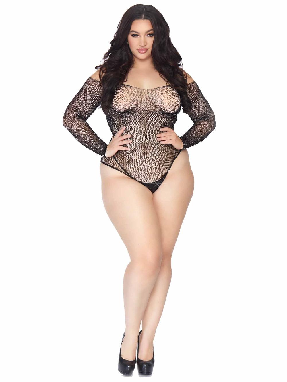 Leg Avenue Plus Falling 4 U Rhinestone Bodysuit Black