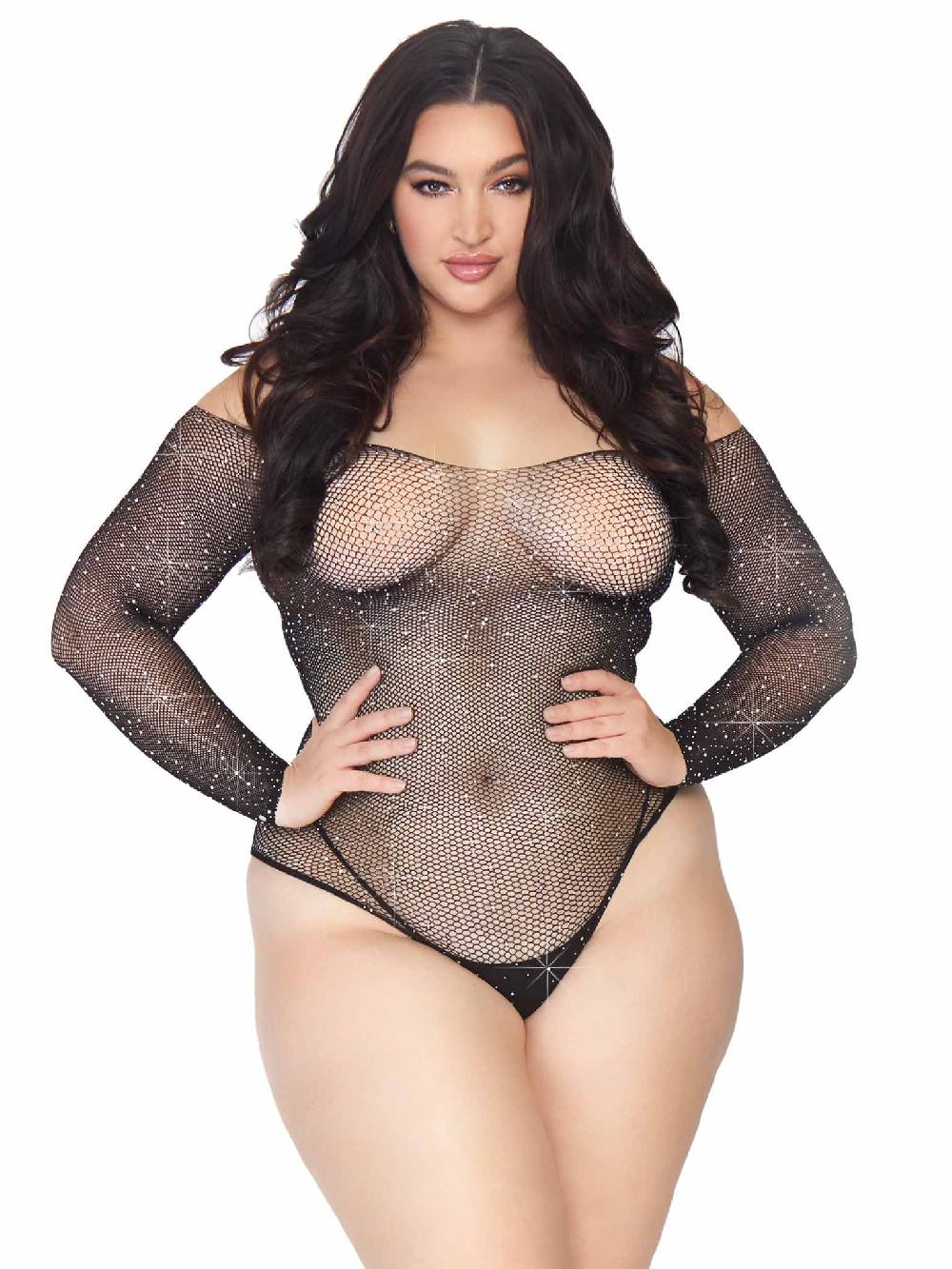 leg avenue Plus Falling 4 U Rhinestone Bodysuit Black