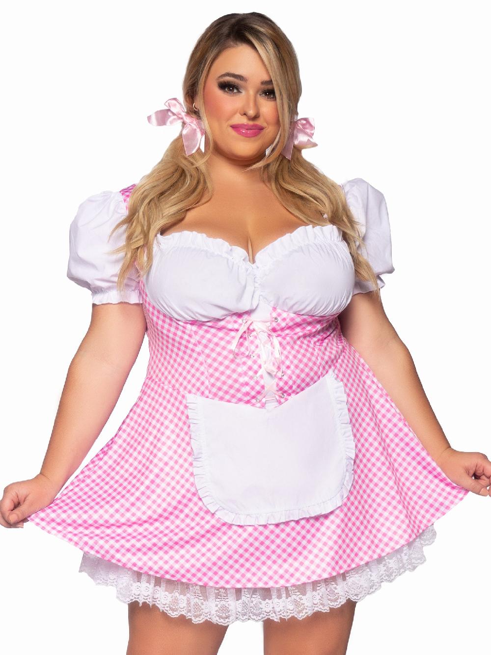 leg avenue Plus Gingham Dress With Apron Pink/White