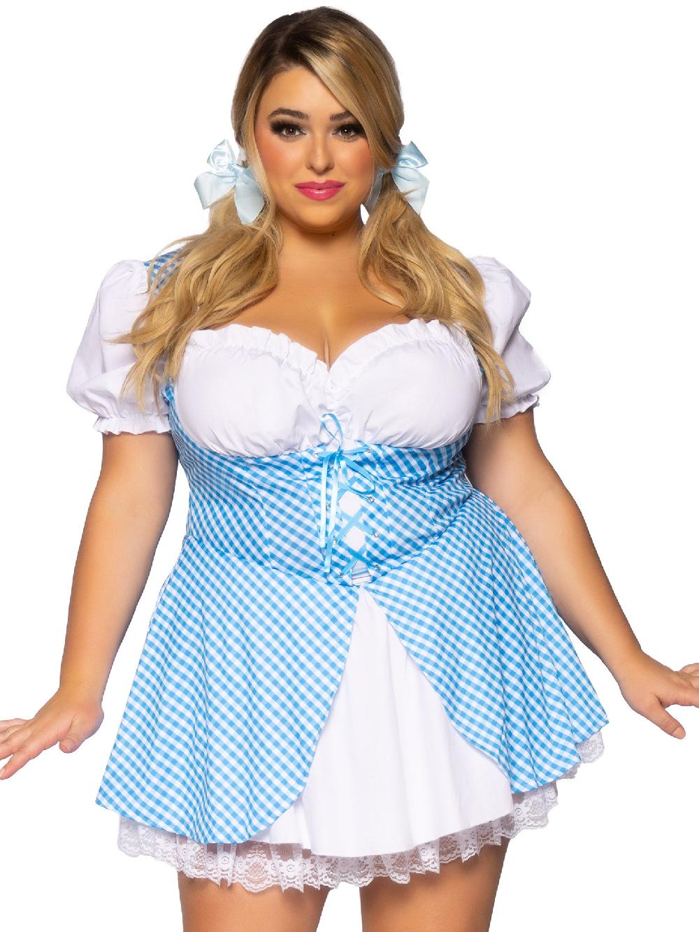 leg avenue Plus Gingham Dress With Split Skirt Blue/White