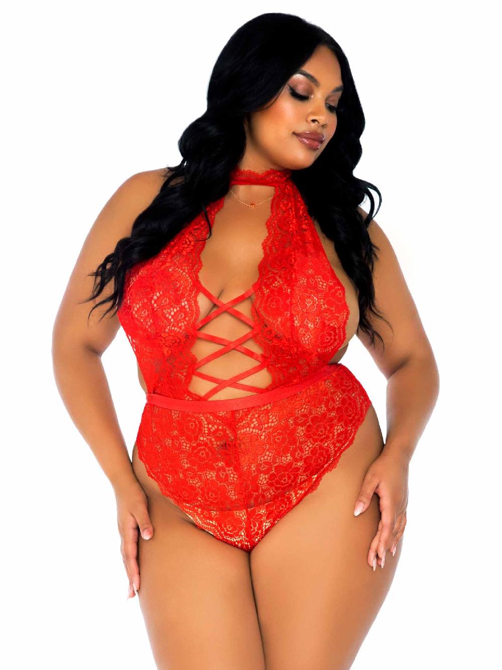 Leg Avenue Plus Insatiable Crotchless Lace Teddy Red
