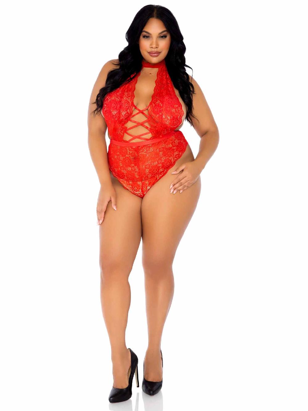 Leg Avenue Plus Insatiable Crotchless Lace Teddy Red