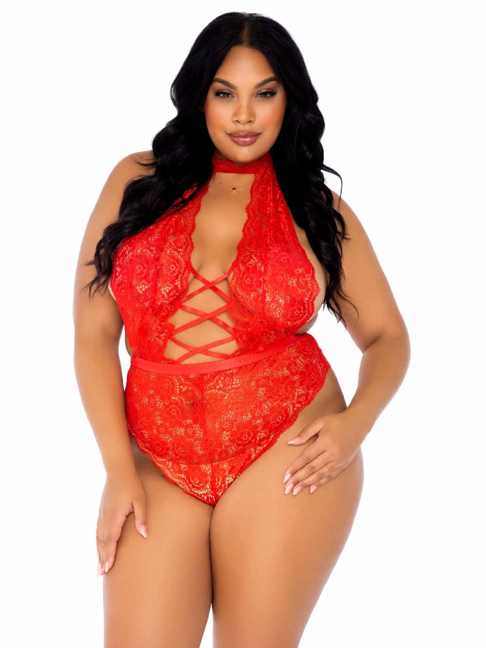 leg avenue Plus Insatiable Crotchless Lace Teddy Red