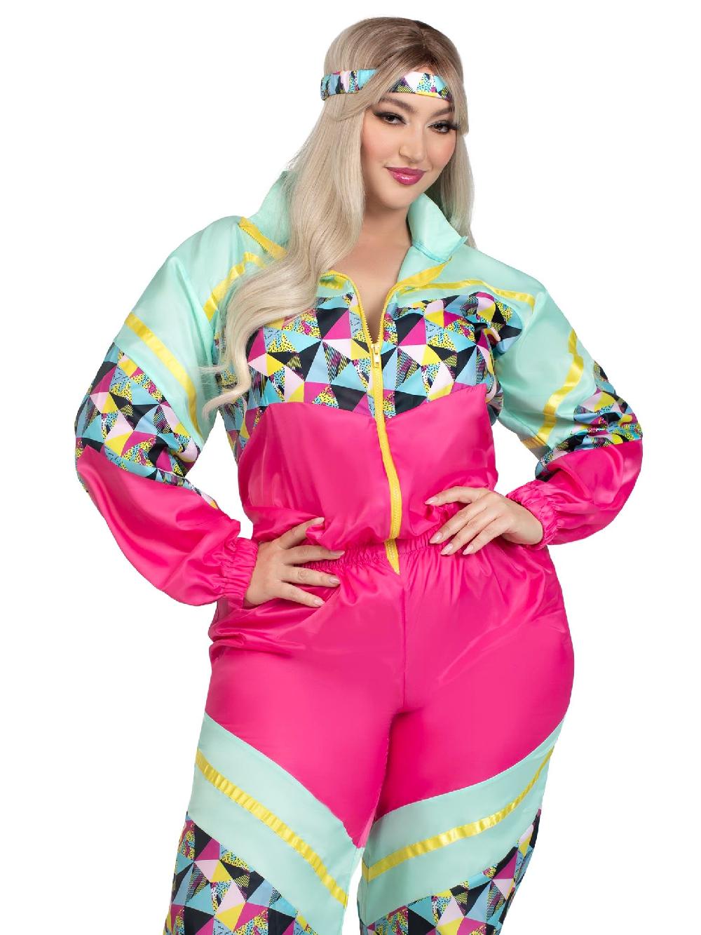Leg Avenue Plus Totally 80s Tracksuit Costume Turquoise/Neon Pink