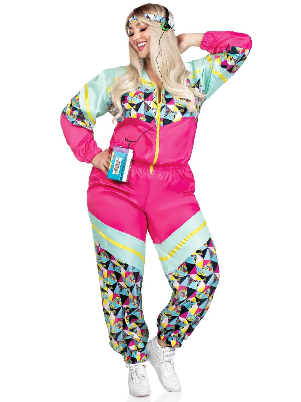 Leg Avenue Plus Totally 80s Tracksuit Costume Turquoise/Neon Pink