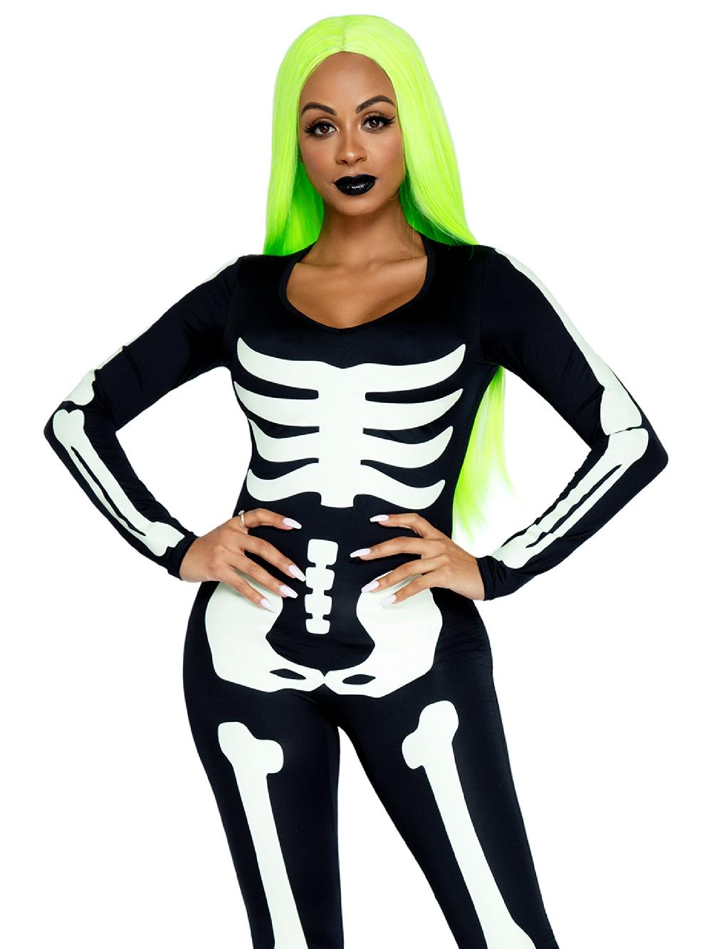 Leg Avenue Printed Glow In The Dark Skeleton Catsuit Black/White