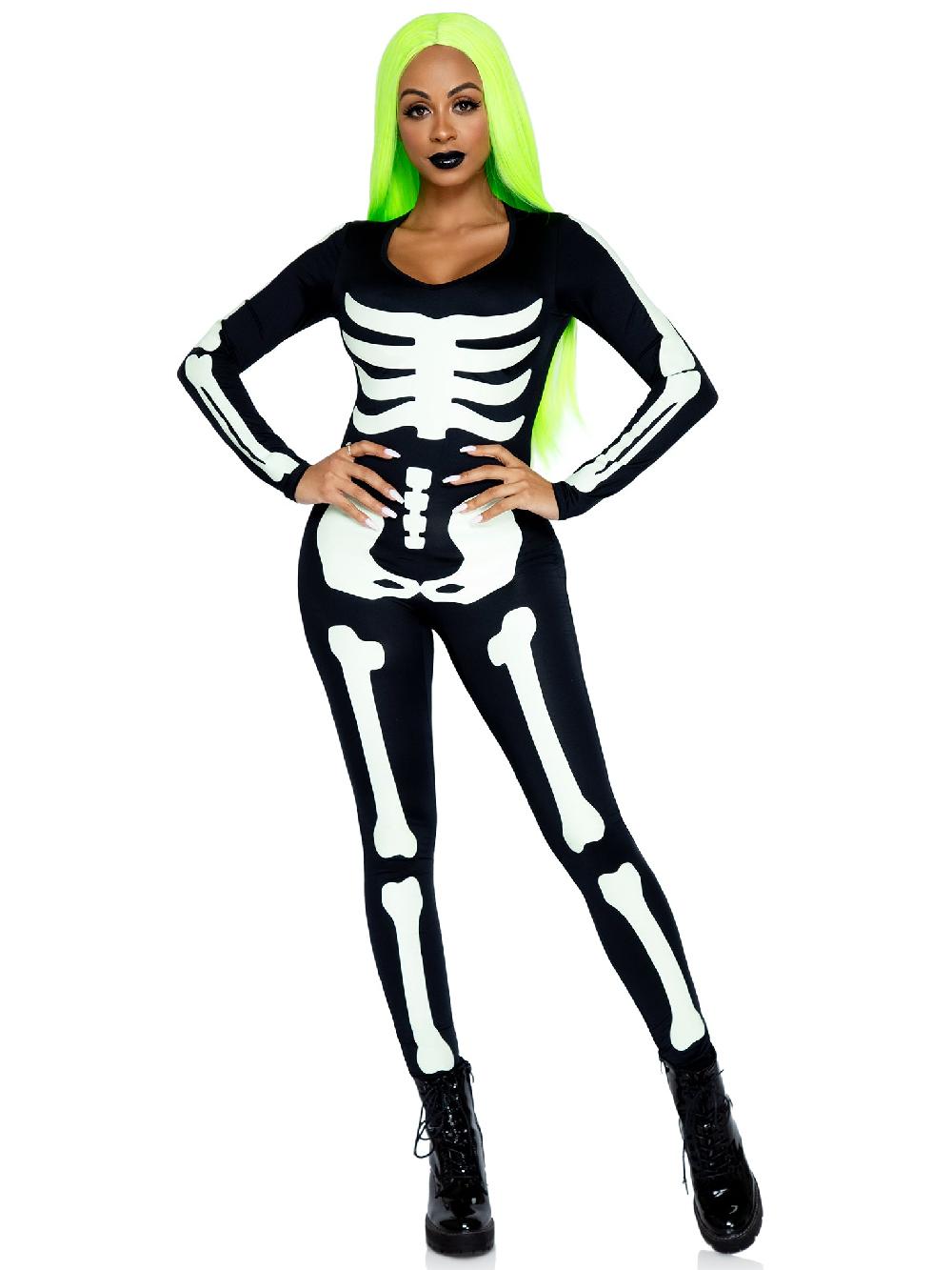 Leg Avenue Printed Glow In The Dark Skeleton Catsuit Black/White
