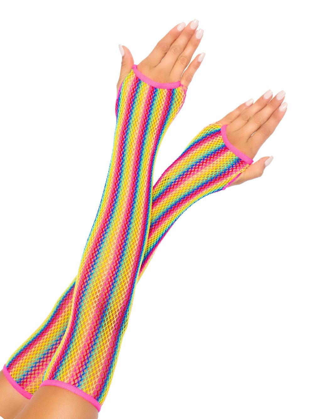 Leg Avenue Rainbow Net Fingerless Arm Warmer Gloves Multicolor