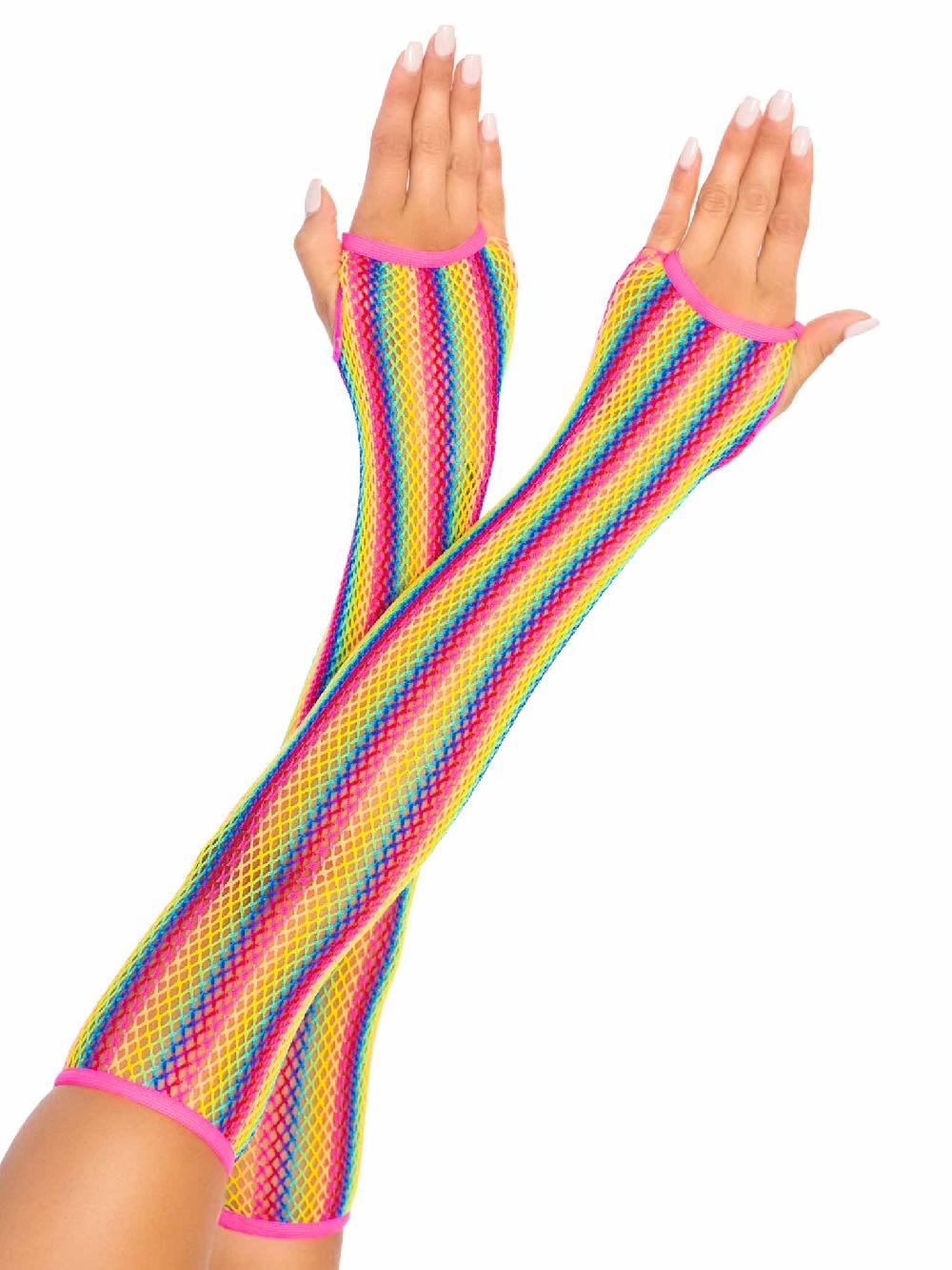 Leg Avenue Rainbow Net Fingerless Arm Warmer Gloves Multicolor