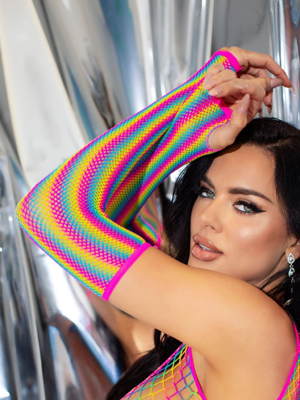 leg avenue Rainbow Net Fingerless Arm Warmer Gloves Multicolor