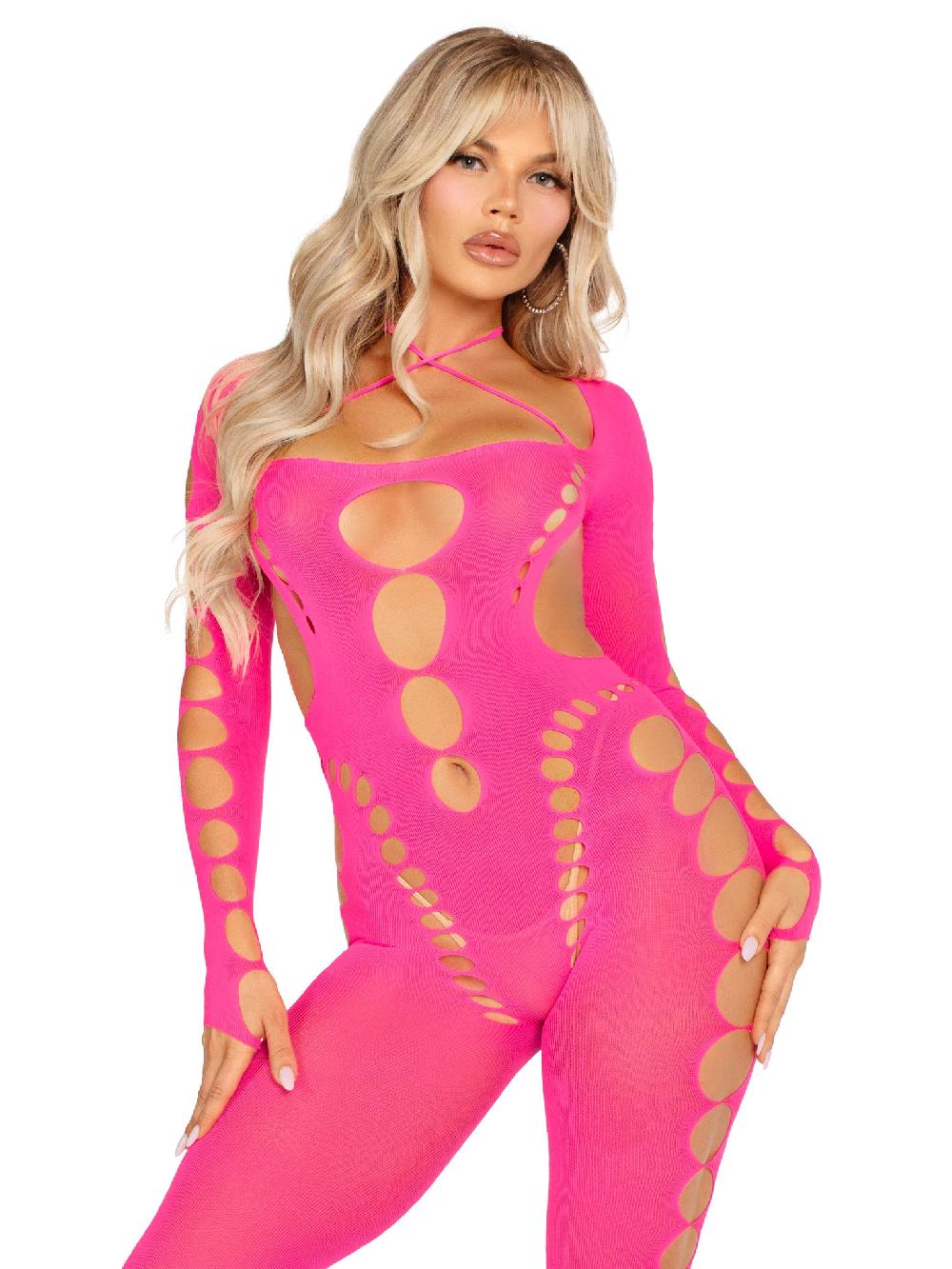 Leg Avenue Reckless Intentions Footless Bodystocking Neon Pink