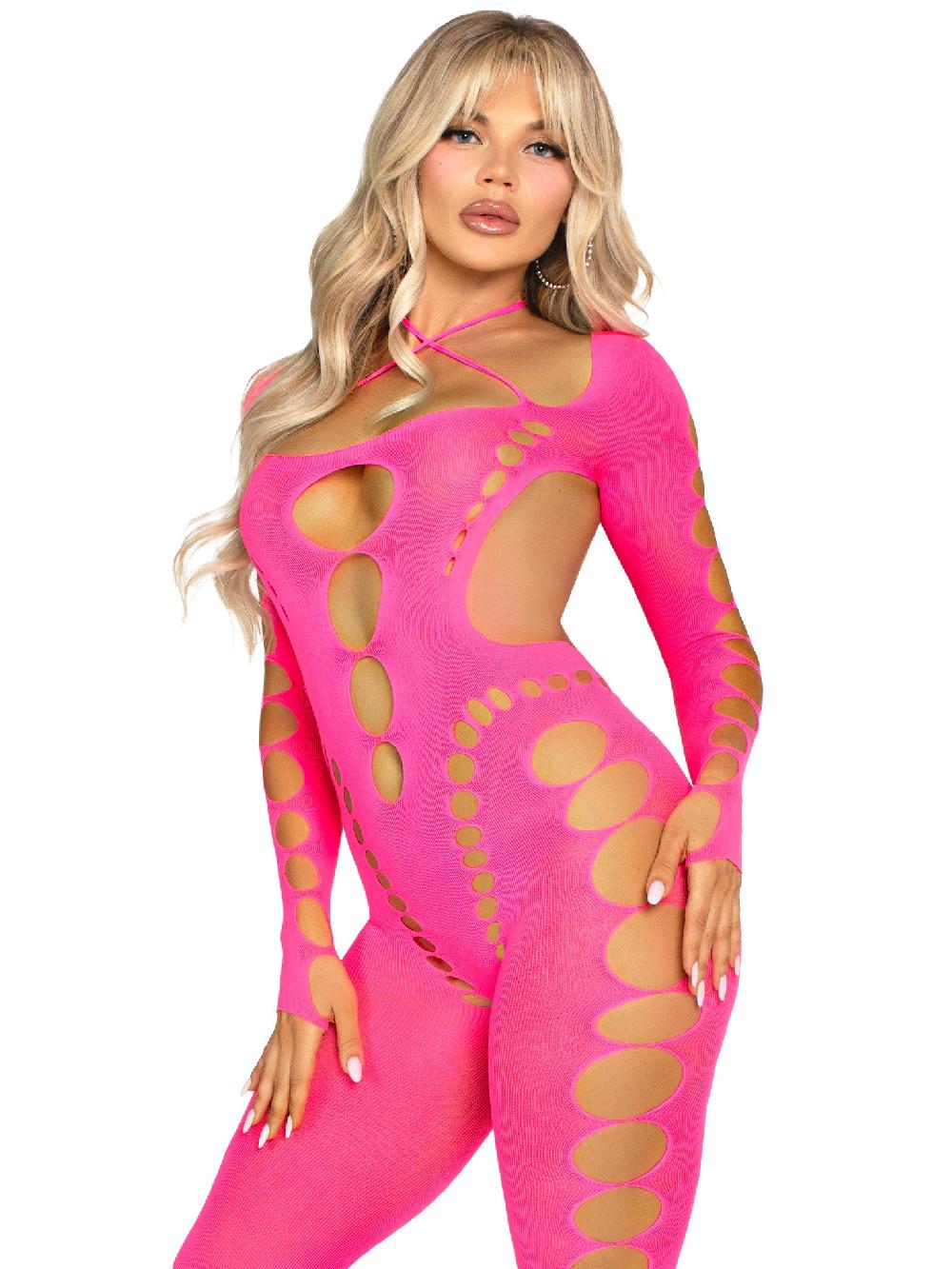 Leg Avenue Reckless Intentions Footless Bodystocking Neon Pink