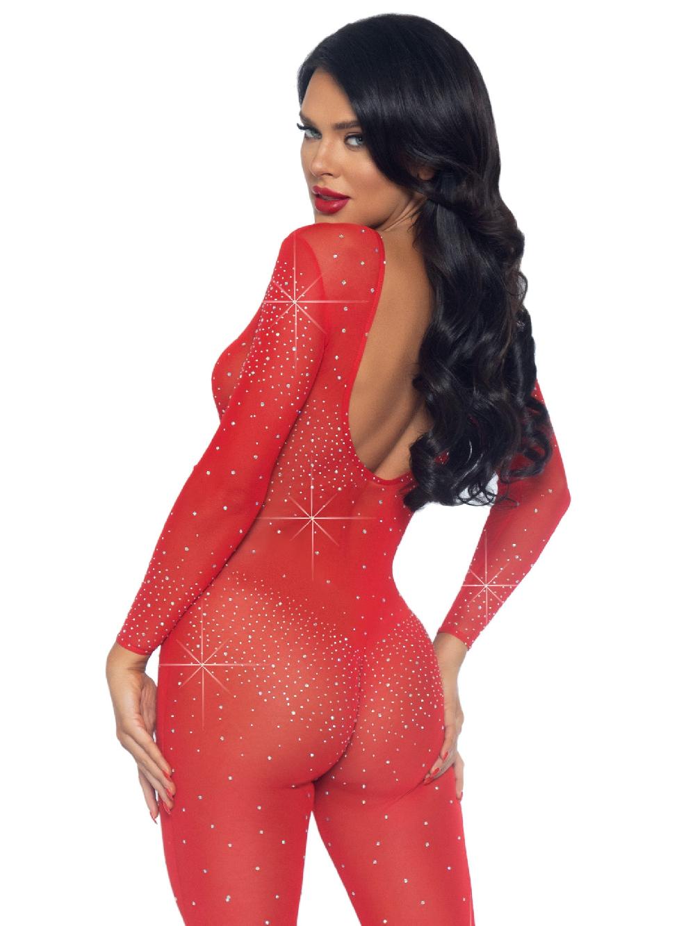 Leg Avenue Sheer Rhinestone Long Sleeve Catsuit Red