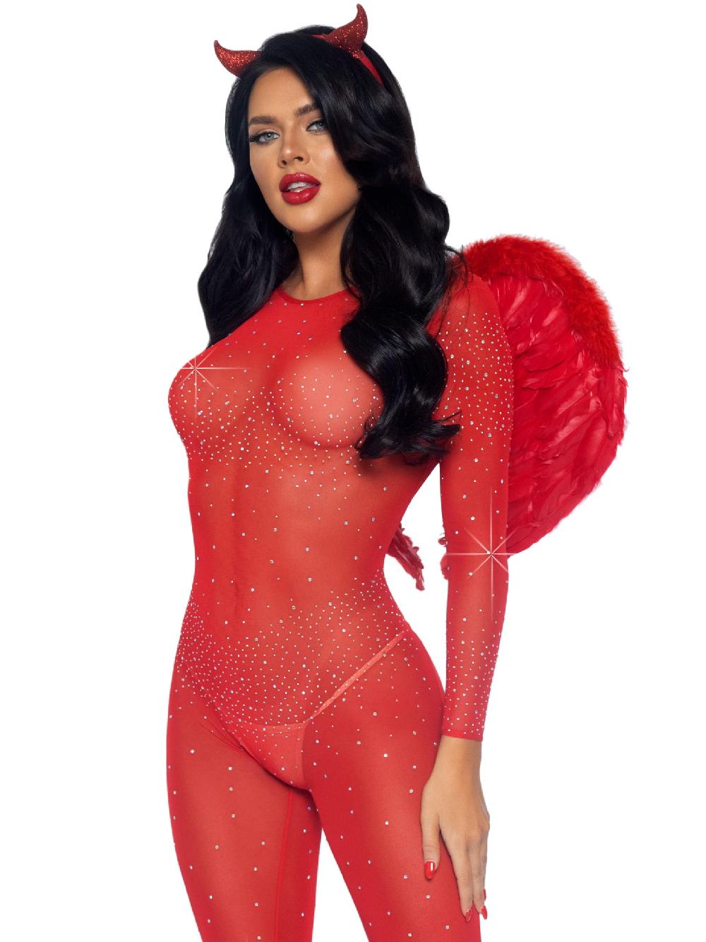 Leg Avenue Sheer Rhinestone Long Sleeve Catsuit Red