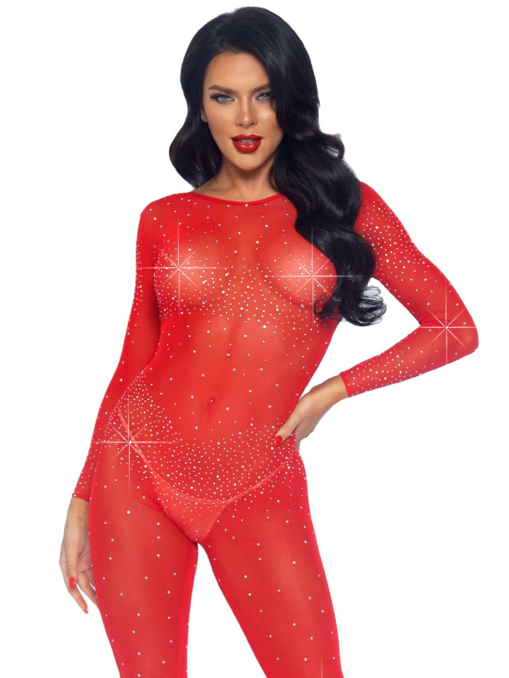 leg avenue Sheer Rhinestone Long Sleeve Catsuit Red