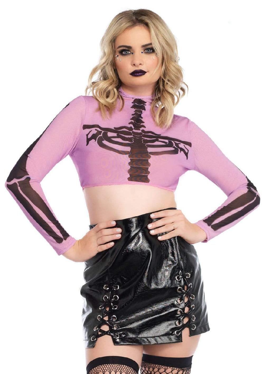 Leg Avenue Skeleton High Neck Long Sleeve Mesh Crop Top Purple