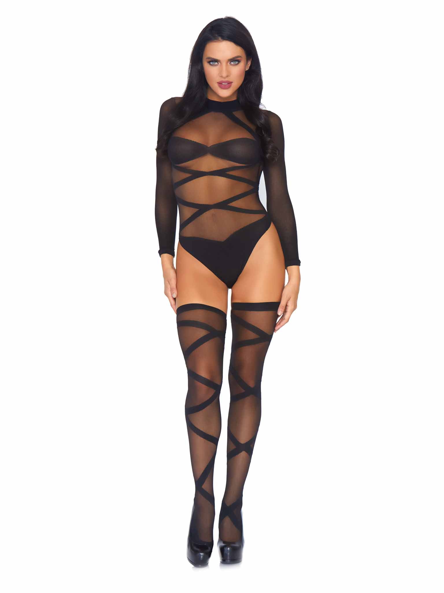 Leg Avenue Truth Or Dare Bodysuit And Thigh Highs Set Black