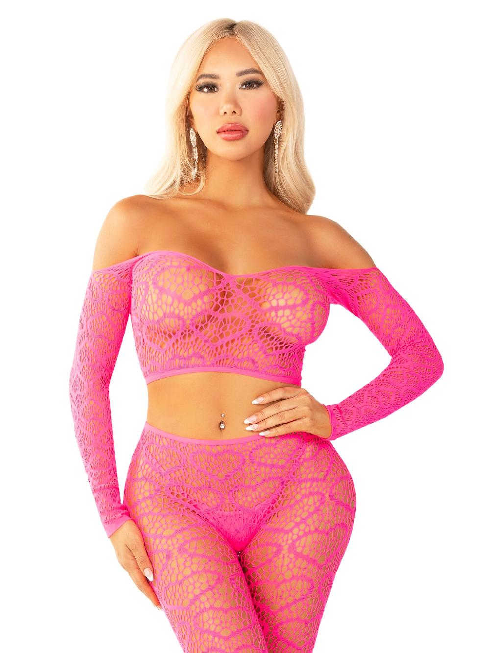 leg avenue Wild Hearts Crop Top and Footless Tights Neon Pink