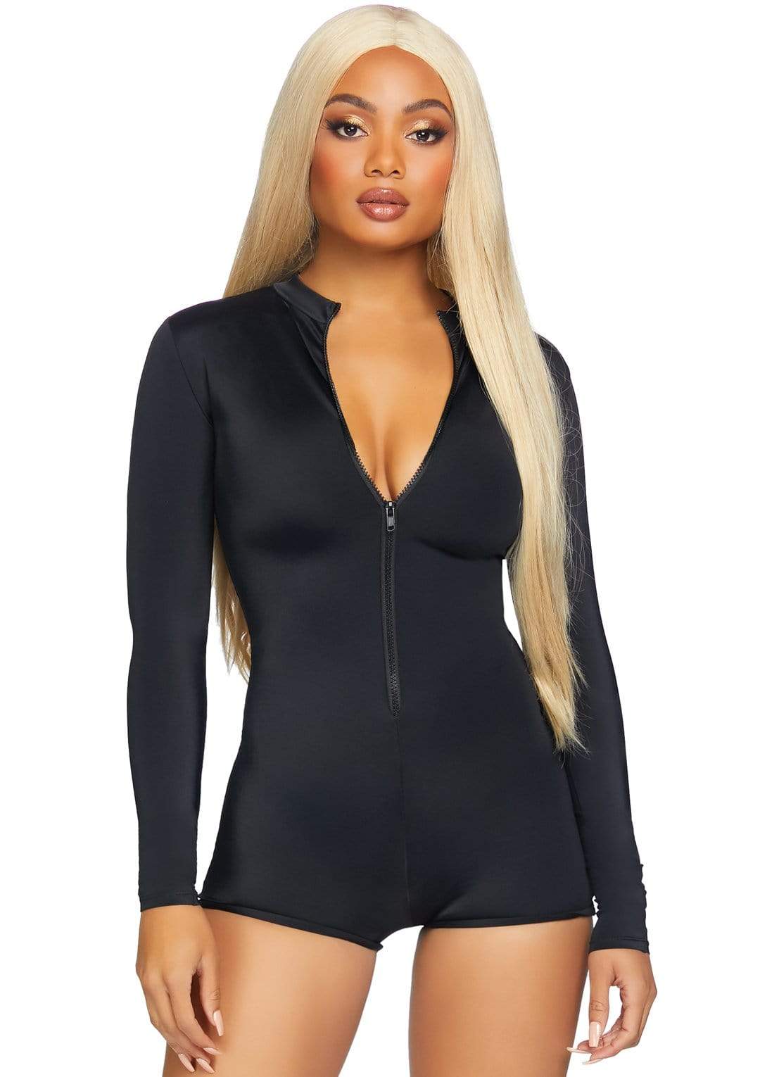 leg avenue Zipper Front Long Sleeved Matte Romper Black