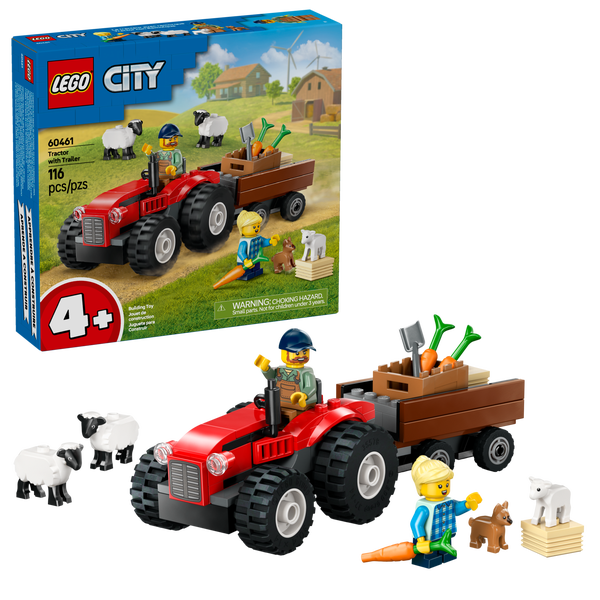 Lego Red Farm Tractor With Trailer & Sheep