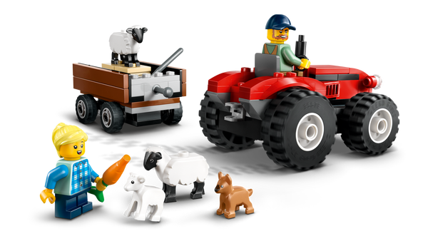 Lego Red Farm Tractor With Trailer & Sheep
