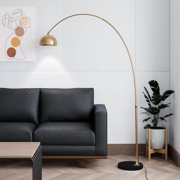 Leisure Mod Arco Modern 76" Arched Floor Lamp: Black Marble Base & Metal Dome Shade