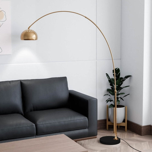 Leisure Mod Arco Modern 76" Arched Floor Lamp: Black Marble Base & Metal Dome Shade