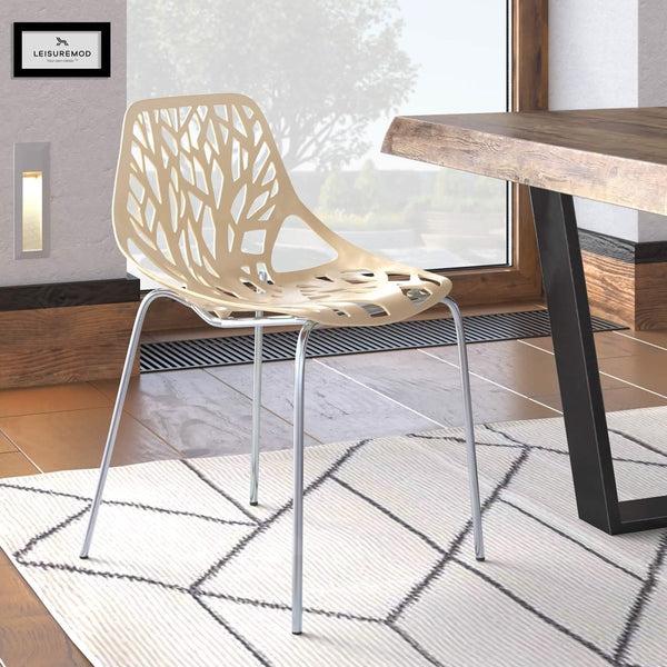 Leisure Mod Asbury Polypropylene Dining Side Chair With Forest Cut-Out Design In Chrome