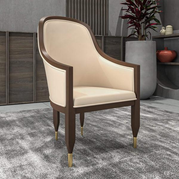 Leisure Mod Belle Leather Dining Chair With Arms And Gold Metal Caps With Rubberwood Frame And Legs