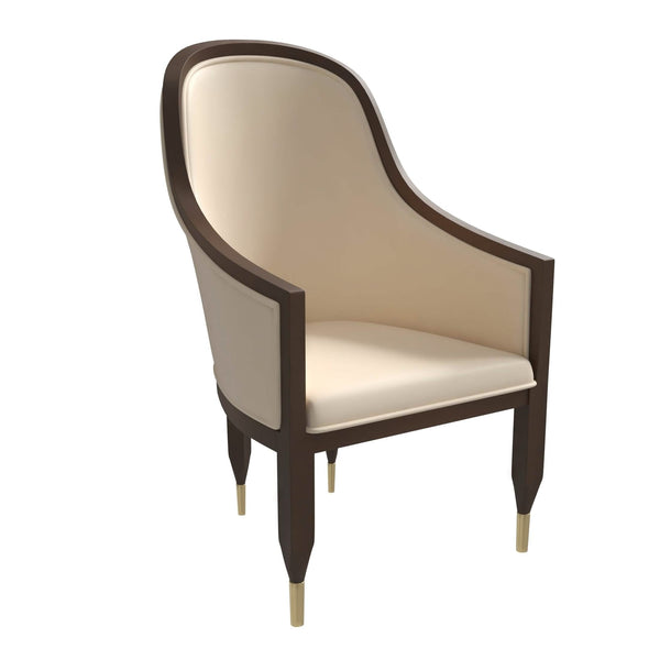leisure mod Belle Leather Dining Chair with Arms and Gold Metal Caps with Rubberwood Frame and Legs