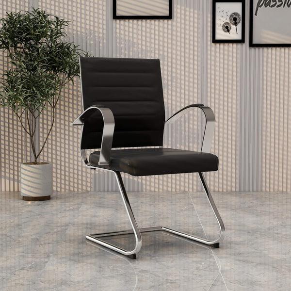 Leisure Mod Benmar Mid-Back Office Conference Chair Upholstered In Leather With Stainless Steel Sled Base