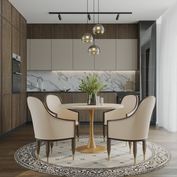 Leisure Mod Bristol 27"/31"/35"/40" Round Dining Table Wood Transfer Cherry/Natural/Walnut Base With Sintered Stone Table Top