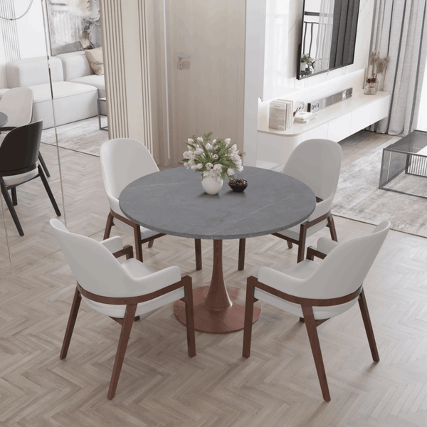 Leisure Mod Bristol 36" Round Dining Table With Marbled Grey Sintered Stone Top And Steel Pedestal Base