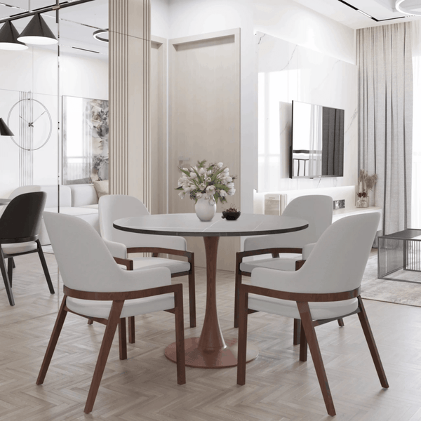 Leisure Mod Bristol 36" Round Dining Table With Marbled Grey Sintered Stone Top And Steel Pedestal Base