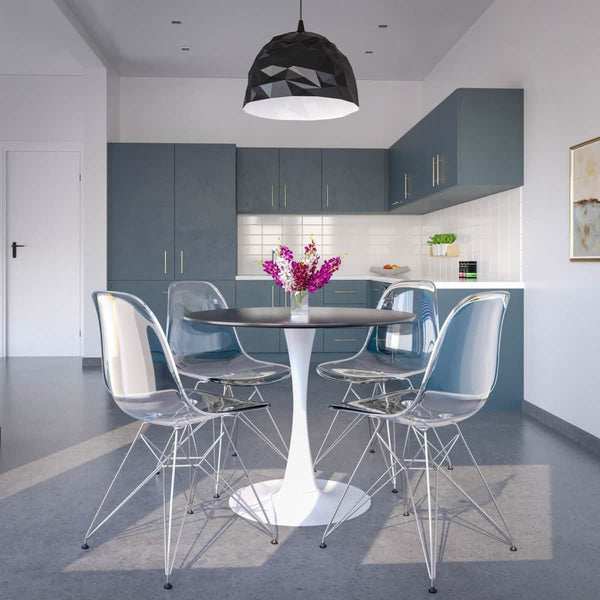 Leisure Mod Bristol 5-Piece Dining Set 35" MDF Round Table With 4 ABS Plastic Side Chair In Chrome