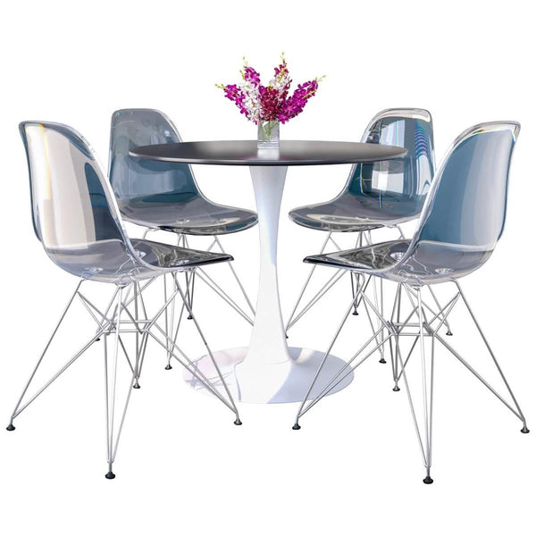 leisure mod Bristol 5-Piece Dining Set 35" MDF Round Table with 4 ABS Plastic Side Chair in Chrome leisure mod Bristol 5-Piece Dining Set 35" MDF Round Table with 4 ABS Plastic Side Chair in Chrome