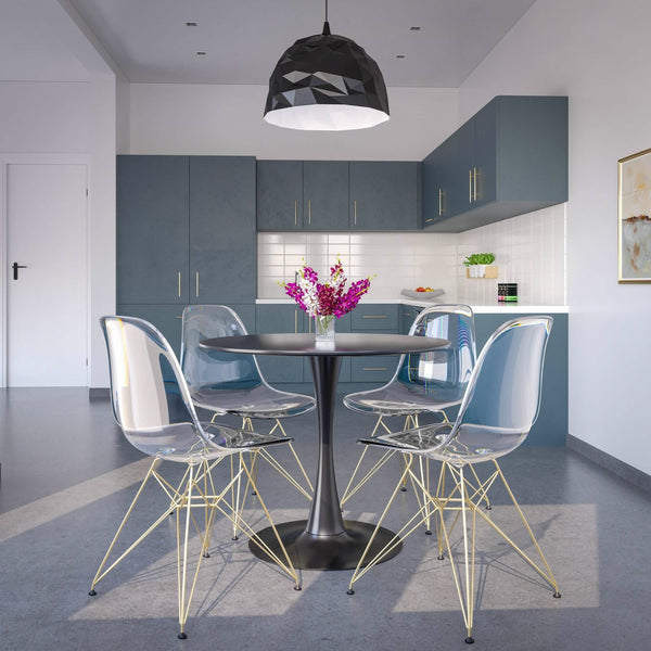 Leisure Mod Bristol 5-Piece Dining Set 35" Round Dining Table In Black Iron - 4 ABS Plastic Side Chair In Gold