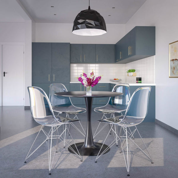 Leisure Mod Bristol 5-Piece Dining Set 35" Round Dining Table In Black Iron - 4 ABS Plastic Side Chair In Chrome