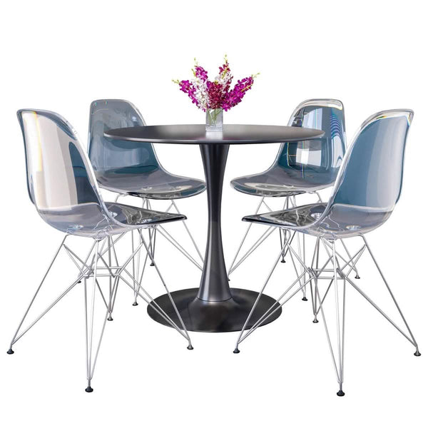 leisure mod Bristol 5-Piece Dining Set 35" Round Dining Table in Black Iron - 4 ABS Plastic Side Chair in Chrome leisure mod Bristol 5-Piece Dining Set 35" Round Dining Table in Black Iron - 4 ABS Plastic Side Chair in Chrome