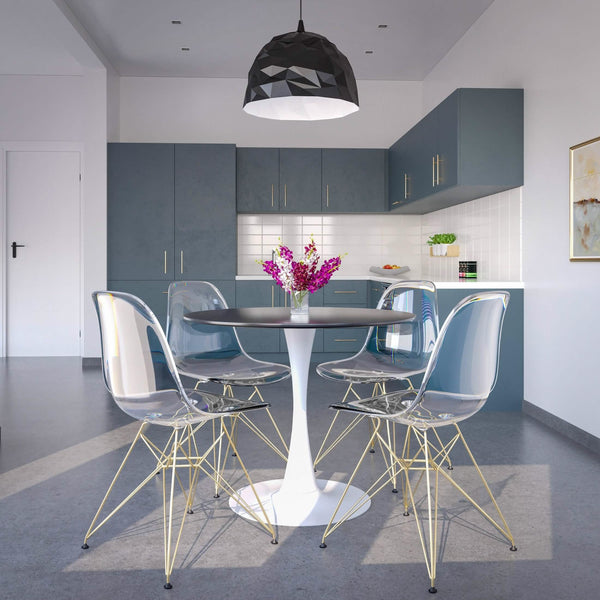 Leisure Mod Bristol 5-Piece Dining Set With 35" Round Dining Table And 4 ABS Plastic Chairs With Gold Base