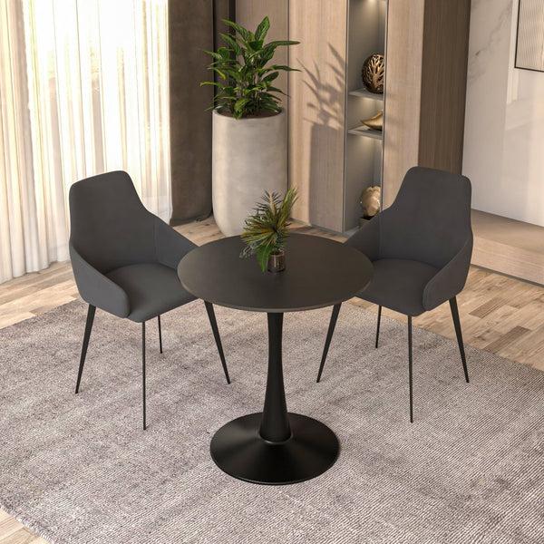 Leisure Mod Bristol Round Dining Table With MDF/Sintered Stone/Glass Tabletop In Black Steel Base