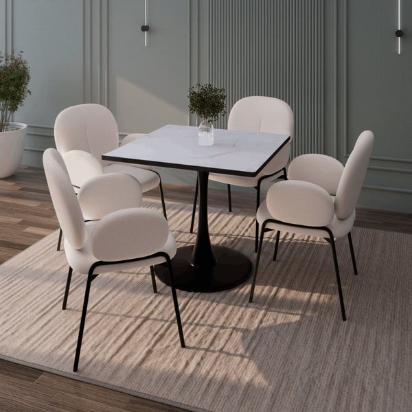 Leisure Mod Bristol Square Dining Table With Marble White MDF Top And Steel Pedestal Base
