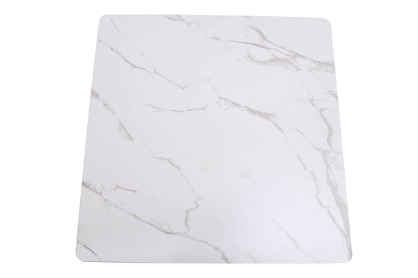 Leisure Mod Bristol Square Dining Table With Marble White MDF Top And Steel Pedestal Base