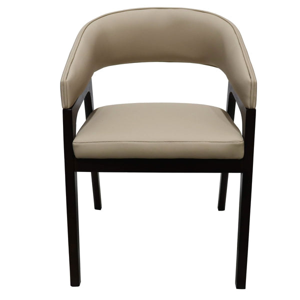 Leisure Mod Cali Leather Dining Arm Chair With Rubberwood Legs And Open Back Design