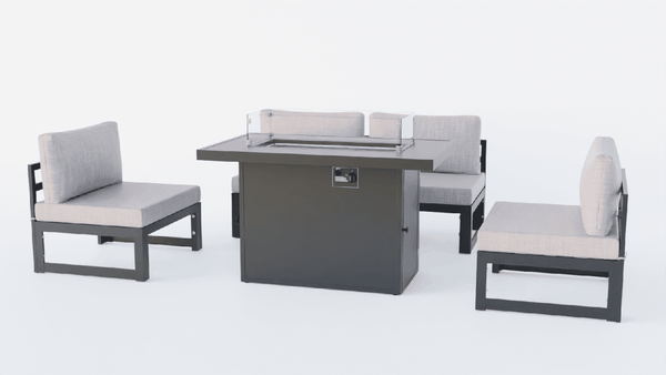 Leisure Mod Chelsea 5-Piece Middle Patio Chairs And Fire Pit Table Set Black Aluminum With Cushions