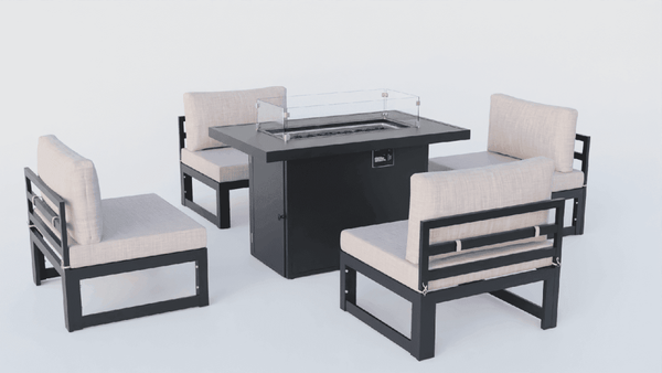 Leisure Mod Chelsea 5-Piece Middle Patio Chairs And Fire Pit Table Set Black Aluminum With Cushions