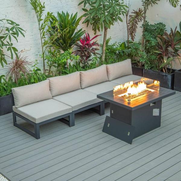 leisure mod Chelsea 5-Piece Middle Patio Chairs and Fire Pit Table Set Black Aluminum With Cushions