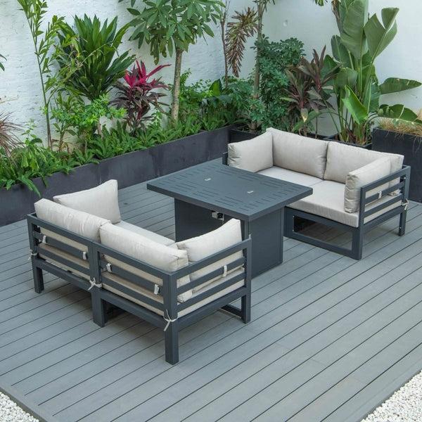 Leisure Mod Chelsea 5-Piece Sectional Loveseat And Fireplace Set Black Aluminum With Cushions